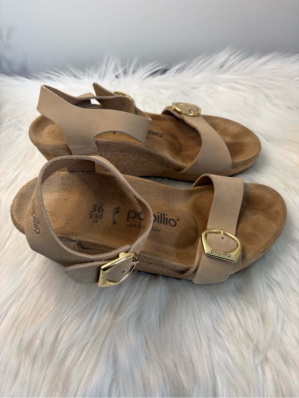 Papillio Women's Nude/Tan Leather Ankle Strap Sandals with Gold Buckles - Picture 3 of 12